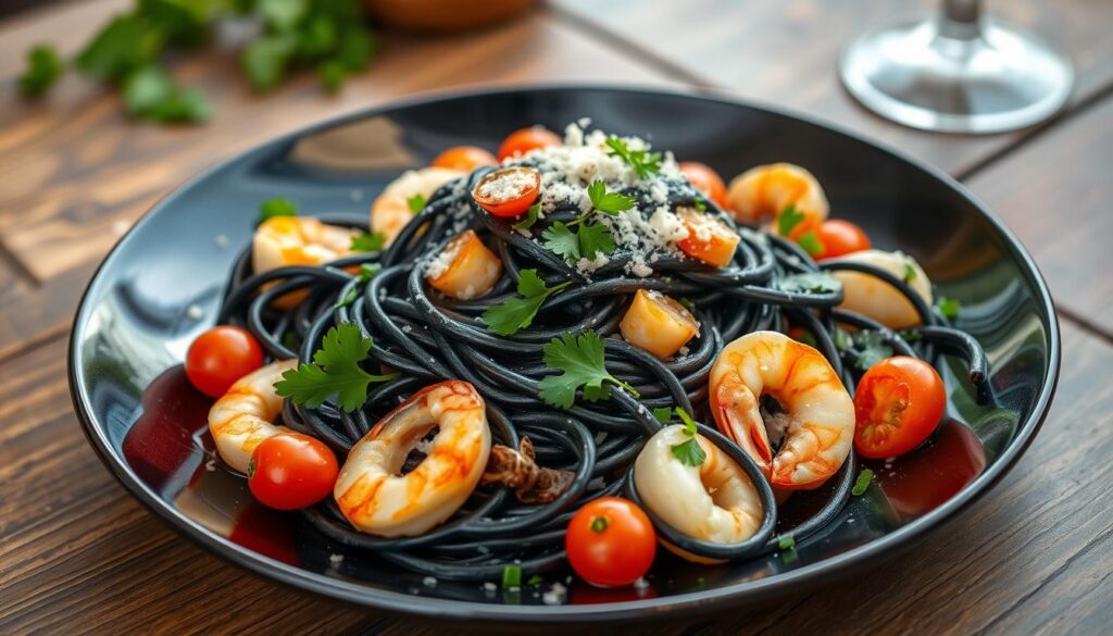 squid ink pasta dish