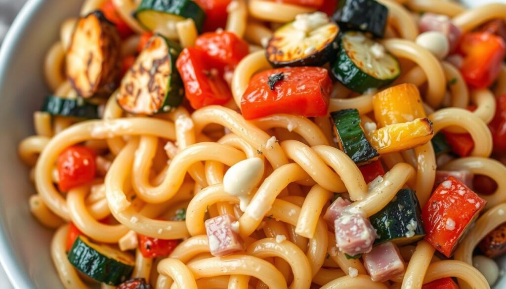 Roasted veggies in a vegetable pasta salad